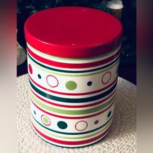 Crate & Barrel Holiday Ceramic Canister w/ Lid – Red Green Christmas Storage Jar